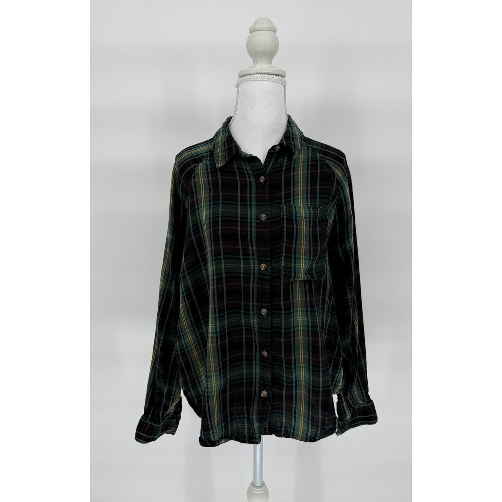 Vintage-Style Grunge Plaid Flannel‎ Button Down Green Black Soft Womens Size S